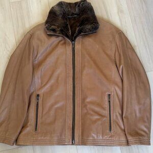 Vintage Men's Tan Leather Jacket with Removable Rabbit Fur Liner XL